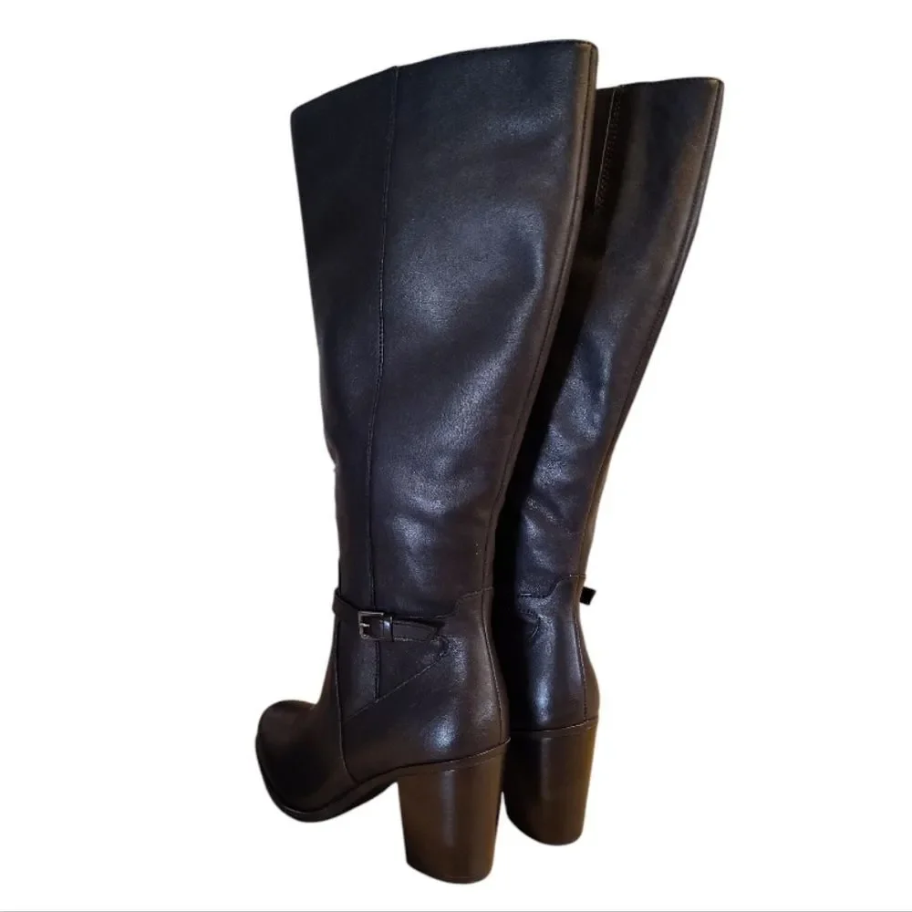 Naturalizer Kalina Black Leather Wide Calf Block Heel Knee High Boot 7.5 NWT